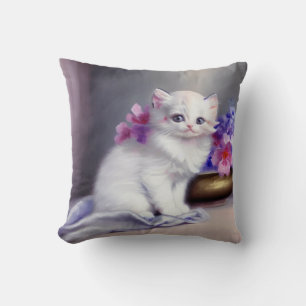 Vintage White Kitten with Pink and Purple Flowers Cushion