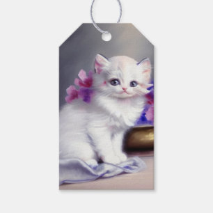 Vintage White Kitten with Pink and Purple Flowers Gift Tags