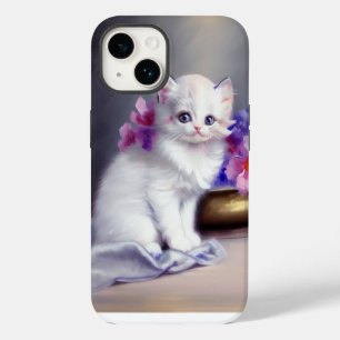 Vintage White Kitten with Pink and Purple Flowers iPhone 14 Case