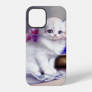 Vintage White Kitten with Pink and Purple Flowers iPhone 12 Case