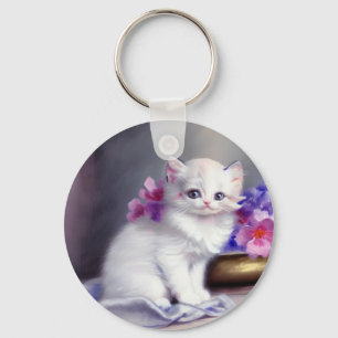 Vintage White Kitten with Pink and Purple Flowers Key Ring
