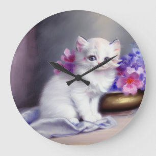 Vintage White Kitten with Pink and Purple Flowers Large Clock