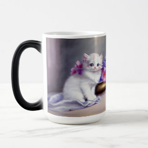Vintage White Kitten with Pink and Purple Flowers Magic Mug