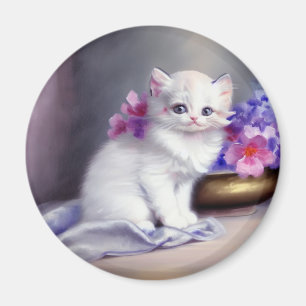 Vintage White Kitten with Pink and Purple Flowers Magnet