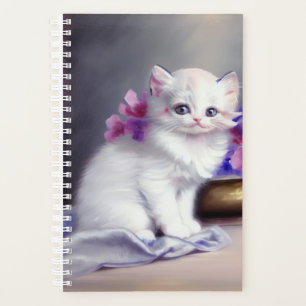 Vintage White Kitten with Pink and Purple Flowers Planner