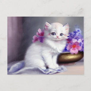 Vintage White Kitten with Pink and Purple Flowers Postcard