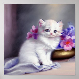 Vintage White Kitten with Pink and Purple Flowers Poster