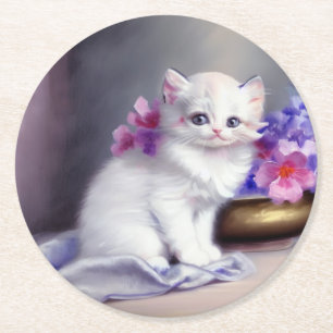 Vintage White Kitten with Pink and Purple Flowers Round Paper Coaster