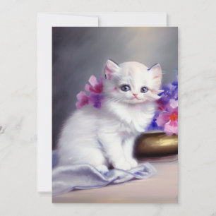 Vintage White Kitten with Pink and Purple Flowers Save The Date
