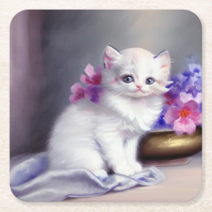 Vintage White Kitten with Pink and Purple Flowers Square Paper Coaster