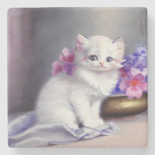 Vintage White Kitten with Pink and Purple Flowers Stone Coaster