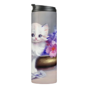 Vintage White Kitten with Pink and Purple Flowers Thermal Tumbler