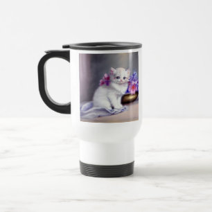 Vintage White Kitten with Pink and Purple Flowers Travel Mug