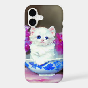 Vintage White Kitten with Pink Flowers