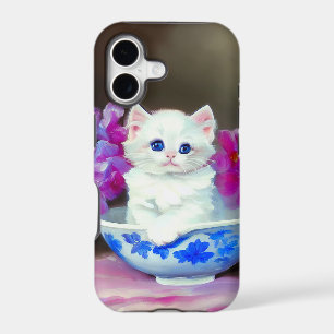 Vintage White Kitten with Pink Flowers