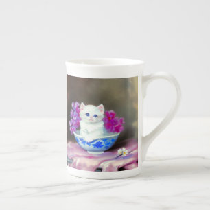 Vintage White Kitten with Pink Flowers  Bone China Mug