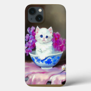 Vintage White Kitten with Pink Flowers iPhone 13 Case