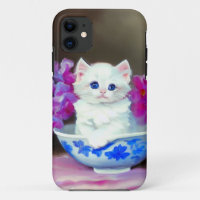 Vintage White Kitten with Pink Flowers