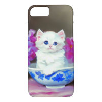 Vintage White Kitten with Pink Flowers