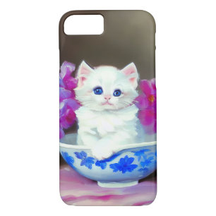 Vintage White Kitten with Pink Flowers  iPhone 8/7 Case