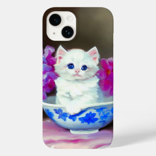 Vintage White Kitten with Pink Flowers  Case-Mate iPhone 14 Case