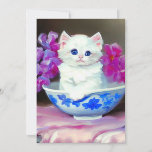 Vintage White Kitten with Pink Flowers Invitation