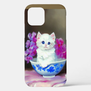 Vintage White Kitten with Pink Flowers iPhone 12 Case