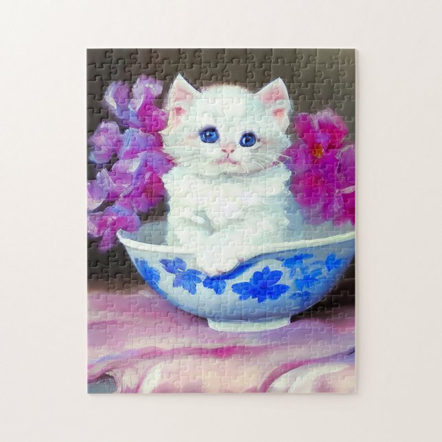 Vintage White Kitten with Pink Flowers  Jigsaw Puzzle (Vertical)