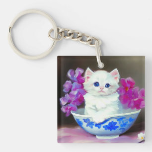 Vintage White Kitten with Pink Flowers Key Ring