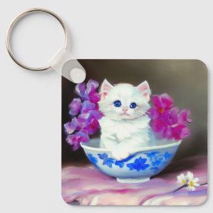 Vintage White Kitten with Pink Flowers  Key Ring