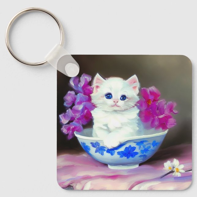 Vintage White Kitten with Pink Flowers  Key Ring (Front)