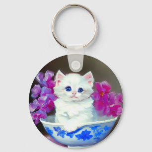 Vintage White Kitten with Pink Flowers Key Ring