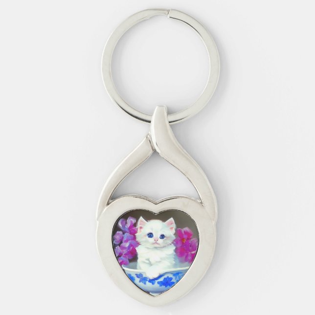 Vintage White Kitten with Pink Flowers  Key Ring (Front)