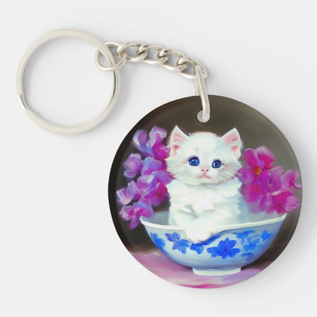Vintage White Kitten with Pink Flowers  Key Ring (Front)