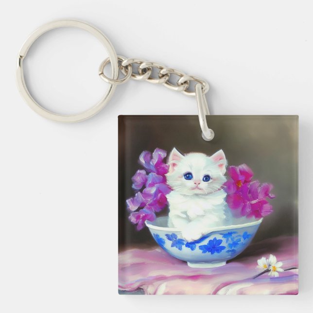 Vintage White Kitten with Pink Flowers  Key Ring (Front)