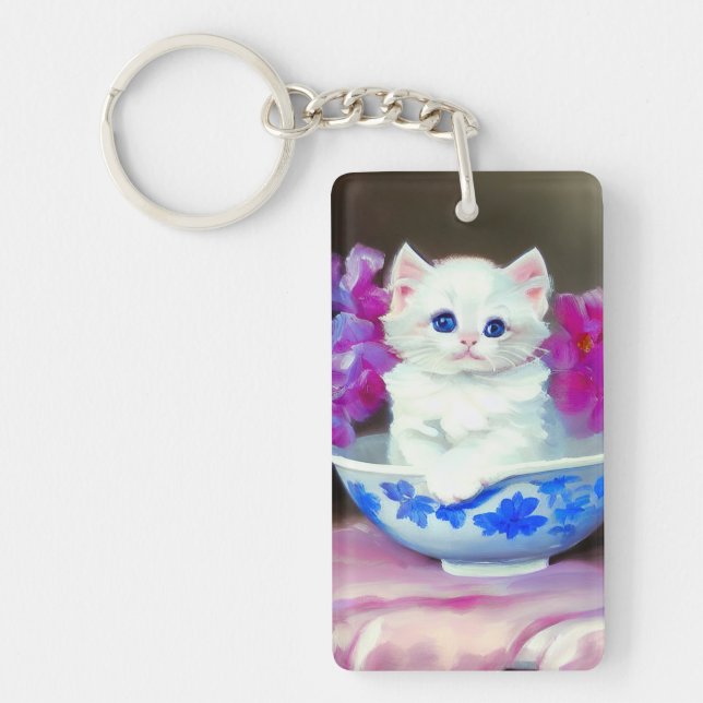 Vintage White Kitten with Pink Flowers  Key Ring (Front)