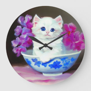 Vintage White Kitten with Pink Flowers  Large Clock