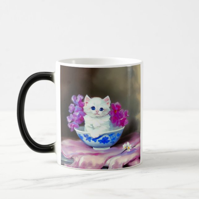 Vintage White Kitten with Pink Flowers  Magic Mug (Left)