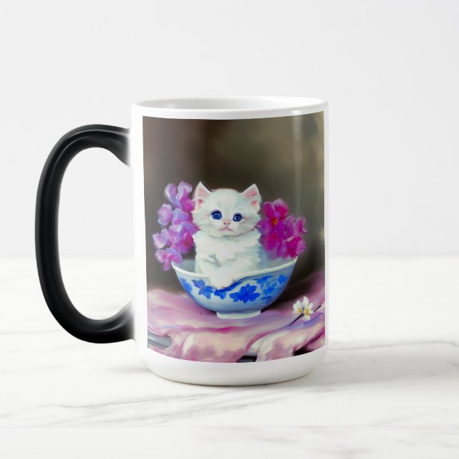 Vintage White Kitten with Pink Flowers  Magic Mug (Left)