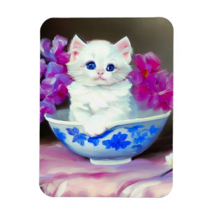 Vintage White Kitten with Pink Flowers Magnet