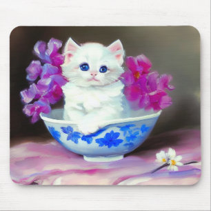 Vintage White Kitten with Pink Flowers Mouse Mat