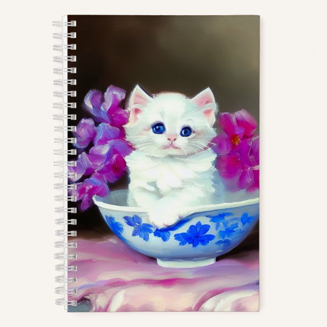 Vintage White Kitten with Pink Flowers  Notebook (Front)