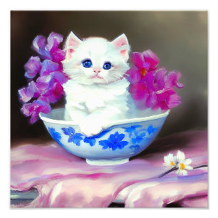 Vintage White Kitten with Pink Flowers Photo Print