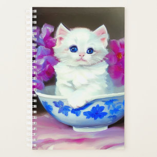Vintage White Kitten with Pink Flowers  Planner