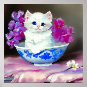 Vintage White Kitten with Pink Flowers  Poster