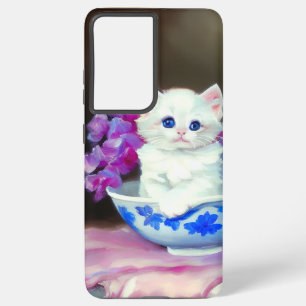 Vintage White Kitten with Pink Flowers Samsung Galaxy Case