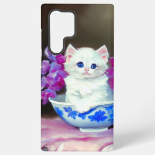 Vintage White Kitten with Pink Flowers Samsung Galaxy Case
