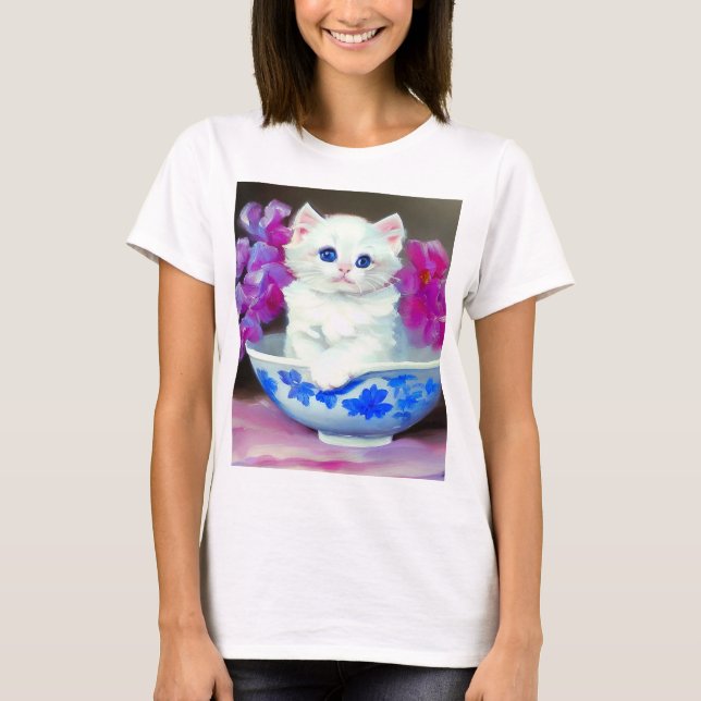 Vintage White Kitten with Pink Flowers  T-Shirt (Front)