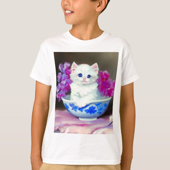 Vintage White Kitten with Pink Flowers  T-Shirt (Front)
