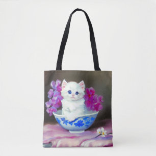 Vintage White Kitten with Pink Flowers  Tote Bag
